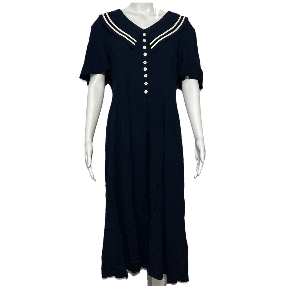 Miss Dorby Vintage Navy Dress Sailor Collar Size 16 W‎ Flower Buttons Old Money